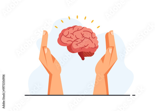 Hands Cupping a Human Brain Symbolizing Mental Health Stock Illustration.