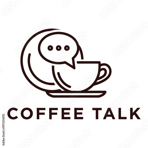 Brown line art coffee cup with speech bubble and saucer icon design icon