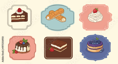Decorative labels with assorted desserts like chocolate cake, eclair, and berry cupcake for bakery shop branding and sweet pastry packaging.