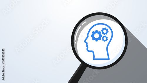 Head symbol with gears and a magnifying glass. Concept of concentration and focus in solving problems. Illustration of looking for answers
