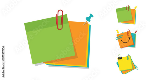 Colorful sticky notes with paper clips and push pins for office organization, message reminders, and creative brainstorming task management.
