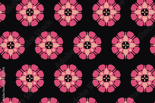 Black and Pink Geometric Rose Medallion Seamless Pattern