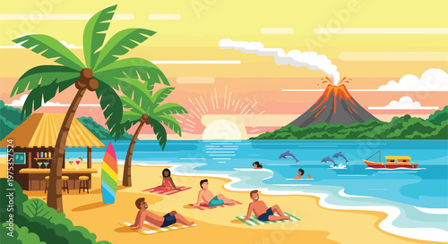 Sunny beach scene with people sunbathing, palm trees, volcano and dolphins