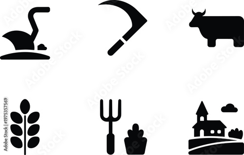 Set of minimalist black farming and agriculture icons featuring a cow, wheat ear, scythe, pitchfork, swan, and rural farmhouse landscape for village life design projects.