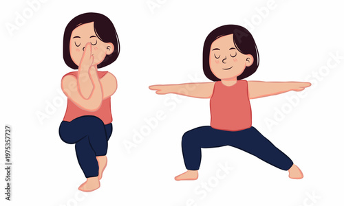 Young Woman Yoga Breathing and Warrior Pose - Cute Cartoon Character Fitness Vector Illustration