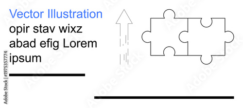 Business strategy, teamwork solutions, process connection, goal achievement, educational tools, upward growth. Illustration shows two puzzle pieces and an arrow pointing upward. Business strategy