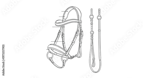 Technical line drawing illustration of a complete horse bridle and reins showing the various leather straps and hardware components.