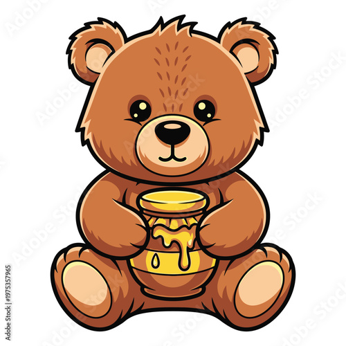 Cute brown teddy bear holding a jar of honey sitting on white background icon