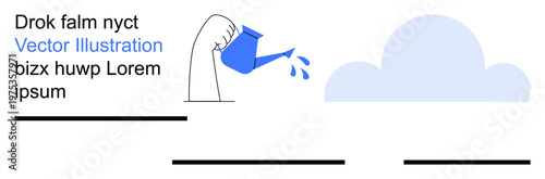 Growth, environmental care, water cycle, sustainability, irrigation, cloud concepts. A hand with a watering can pours water toward a cloud. Growth and environmental care concept