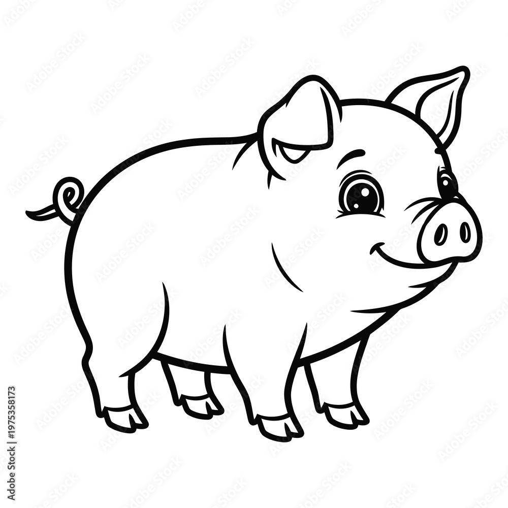 Fototapeta premium Cute cartoon piglet with curly tail and smiling face standing alone icon