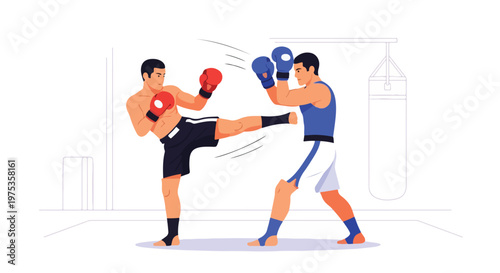 Two men in a boxing match with gloves and shorts in a gym