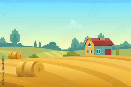 Cartoon illustration of a farmhouse and hay bales in a rural landscape