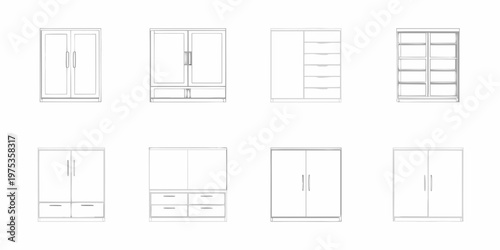 Line drawing of various cabinet and shelving unit designs
