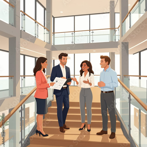 Modern Office Atrium with Diverse Professionals on Stairs in Bright Natural Light