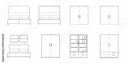 Line art illustrations of bedroom furniture including beds and wardrobes