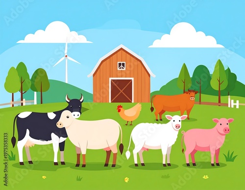 Farm Animals and Barn in a Green Field.