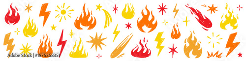 Fire flame icon doodle collage set. Hand drawn flame fire brush scribble grunge chalk texture shape graphic. Punk lightning bolt explosion energy blast sticker rock power burst. Vector illustration