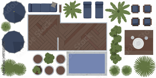 Overhead view of a modern outdoor living space with furniture and plants