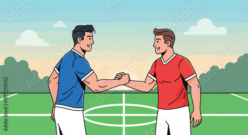 Two men shaking hands on a green field with a sunset in the background