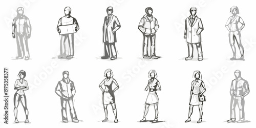 Fashion sketches of diverse people in professional attire illustrated in grayscale