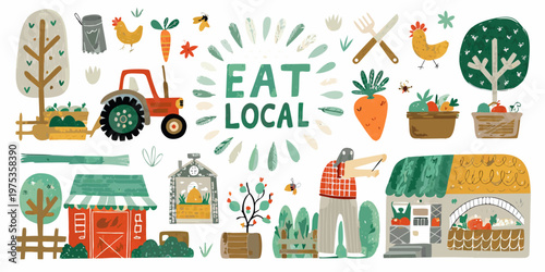Colorful illustration promoting local eating and farm fresh produce