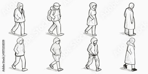 Sketch of eight people wearing hoodies and coats in various poses