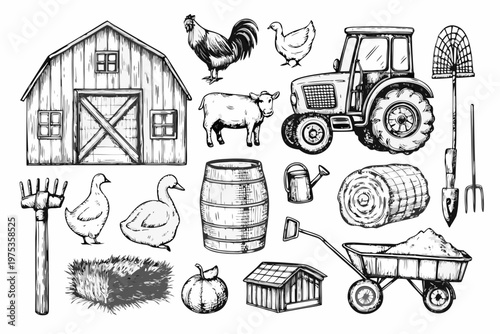 A detailed sketch of a farm scene with animals tools and buildings
