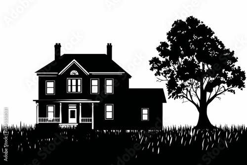 A stark black and white illustration depicts a classic victorian house and tree
