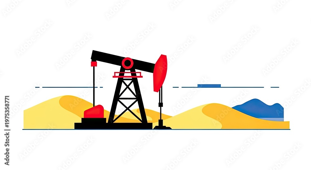 Fototapeta premium Minimalist Flat Vector Oil Pump Jack in Desert Landscape with Clean Design