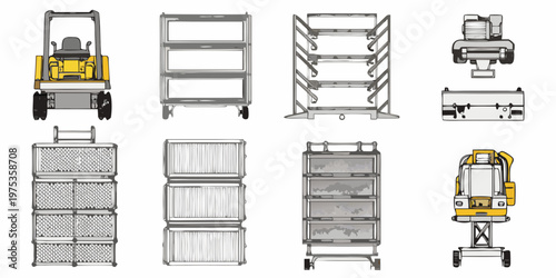 Illustrations of industrial equipment forklifts and shelving units