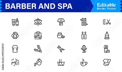 Barber Spa Salon Professional Line Icon Set – Modern Minimal Unique Haircare Grooming Essentials Outline Collection