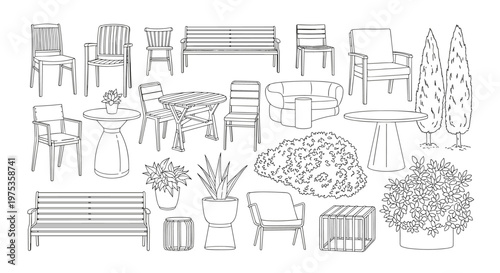 Collection of simple line drawing sketches featuring various outdoor furniture pieces like chairs, benches, tables, and garden plants.