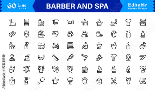 Barber Spa Salon Professional Line Icon Set – Modern Minimal Unique Haircare Grooming Essentials Outline Collection