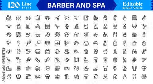 Barber Spa Salon Professional Line Icon Set – Modern Minimal Unique Haircare Grooming Essentials Outline Collection