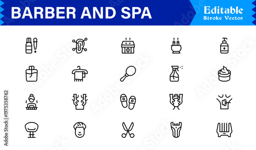Barber Spa Salon Professional Line Icon Set – Modern Minimal Unique Haircare Grooming Essentials Outline Collection