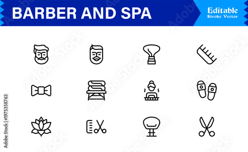 Barber Spa Salon Professional Line Icon Set – Modern Minimal Unique Haircare Grooming Essentials Outline Collection
