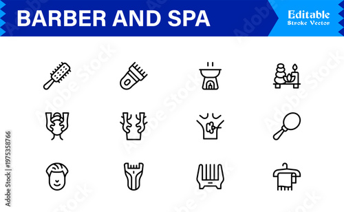Barber Spa Salon Professional Line Icon Set – Modern Minimal Unique Haircare Grooming Essentials Outline Collection
