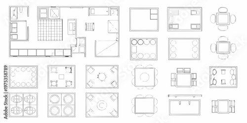 Architectural floor plan elements and furniture arrangement schematics