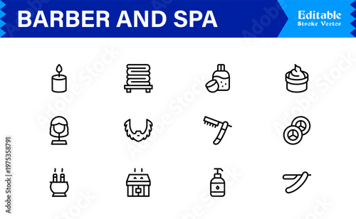Barber Spa Salon Professional Line Icon Set – Modern Minimal Unique Haircare Grooming Essentials Outline Collection