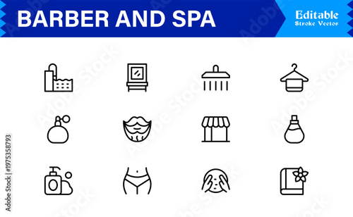 Barber Spa Salon Professional Line Icon Set – Modern Minimal Unique Haircare Grooming Essentials Outline Collection