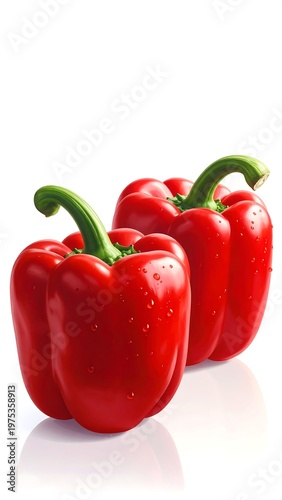 Three shiny red bell peppers on white background