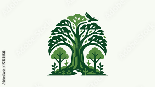 Stylized Forest Logo with Tree and Flying Bird