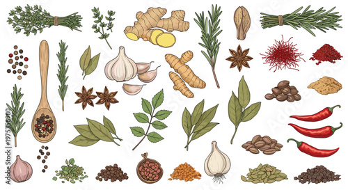 Large set of colorful illustrations showing various herbs and spices like garlic, ginger, rosemary, chili, and star anise for cooking.