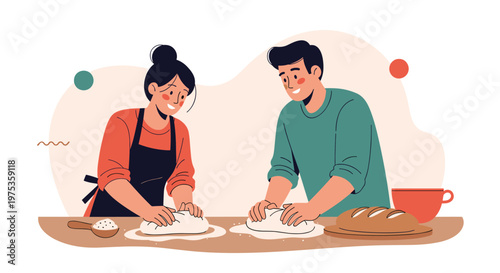 Friendly flat illustration of a man and a woman happily kneading bread dough on a kitchen counter for a home baking hobby.