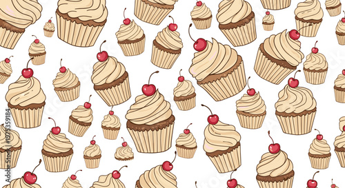 Sweet seamless pattern of delicious cupcakes topped with vanilla frosting and a single red cherry on each on a white background.