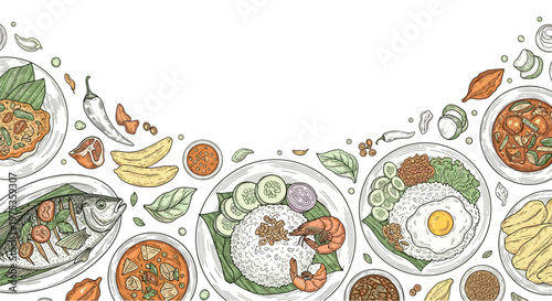 Detailed top view illustration of various traditional Thai and Malaysian dishes including rice with egg, fish curry, and side dishes.