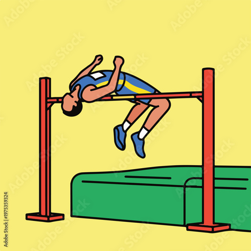 A cartoon high jumper clearing a bar over a green padded landing area