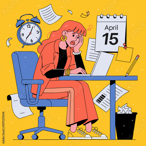 Tax deadline day concept with alarm clock and April 15 calendar page deadline stress time management