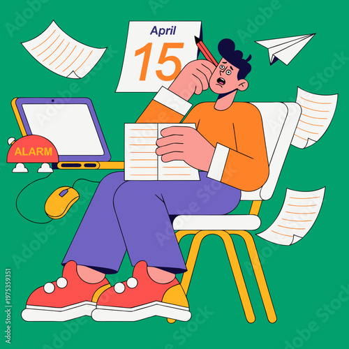 Tax deadline day concept with alarm clock and April 15 calendar page deadline stress time management