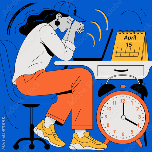 Tax deadline day concept with alarm clock and April 15 calendar page deadline stress time management